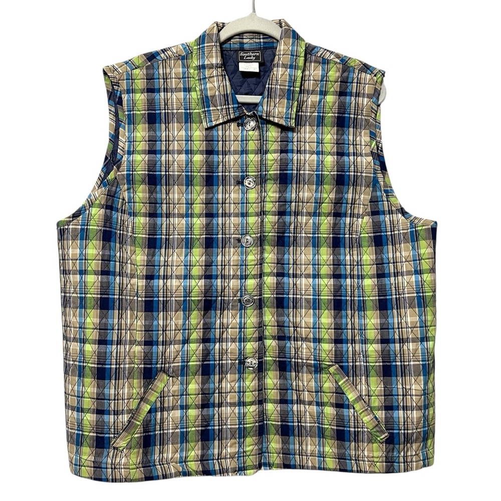 Southern Lady Plaid Quilted Vest Size 2X Blue Green Snap Up Cabincore Outdoors